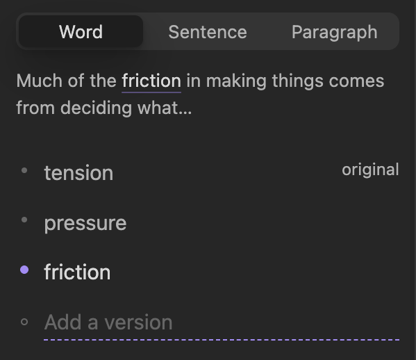 The Alternatives panel with three versions of a word